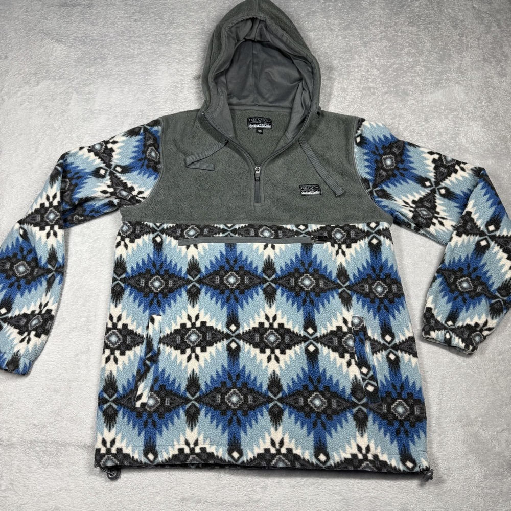 Free Nature Fleece Hoodie Mens XS Blue Grey Southwestern Aztec 1/4 Zip Pullover